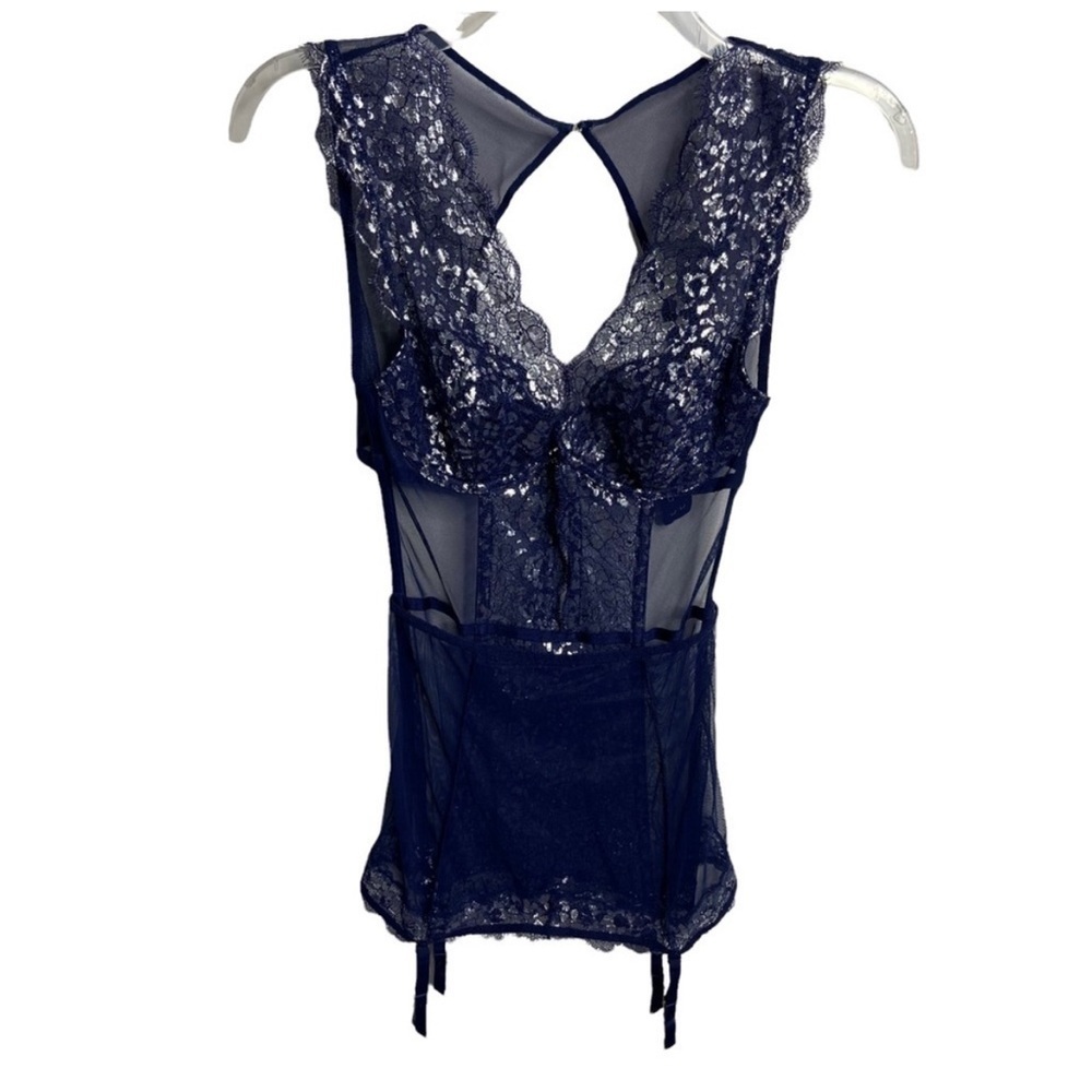Victorias Secret Size 34B One Piece Lingerie Navy Blue Silver Metallic Open Back